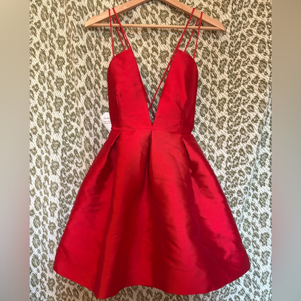 Fame and Partners Red Plunge V-Neck Satin Party Dress
